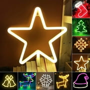 KBOOK LED Neon Sign Lights Christmas Shaped Neon Lights Tree Jingle Bell Star Snowflake Deer Decorative Lights USB/Battery Operated Wall Decor for Home Christmas Party
